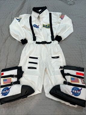 White Kids NASA Astronaut Costume with Patches and boots covers sz 12/14